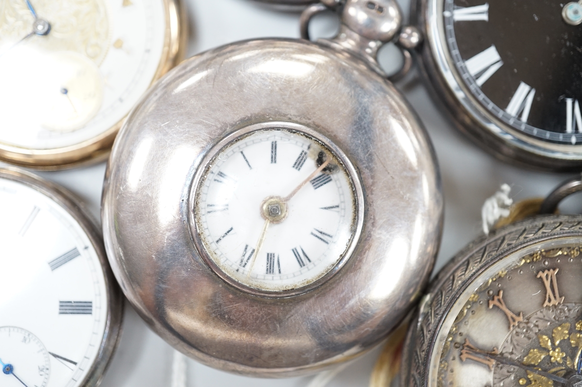 Ten assorted silver or base metal pocket watches including John Walker black dial and a deck watch by H. Golay & Son.